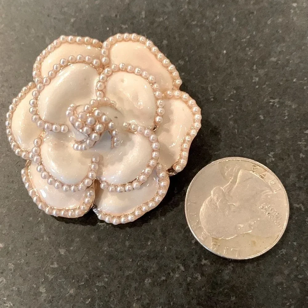 Camellia Lapel Pin in White Enamel with Faux Pearls & Gold Tone Bro-Brooch